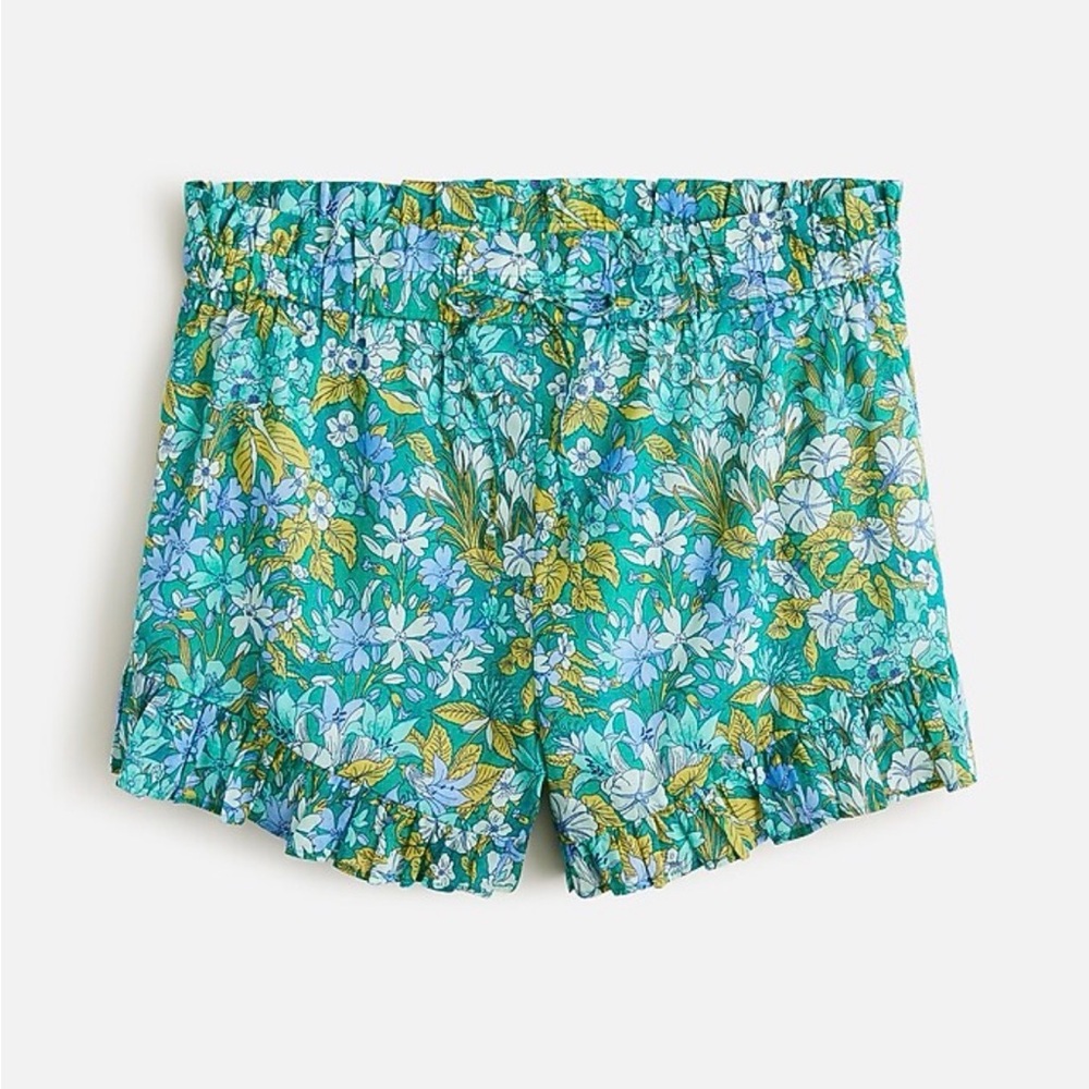 J Crew Floral Cotton voile ruffle beach short in aqua blooms